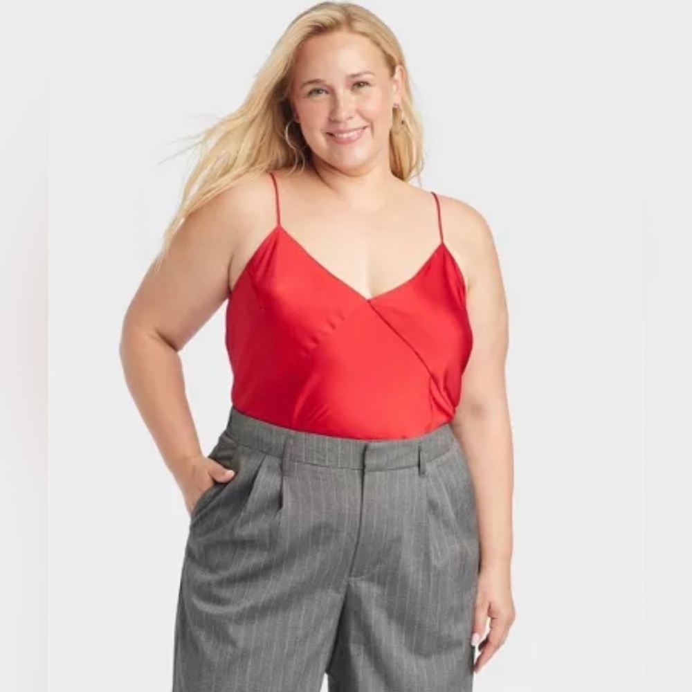 Women's V-Neck Satin Cami Blouse Red - - A New Day - Size XXL